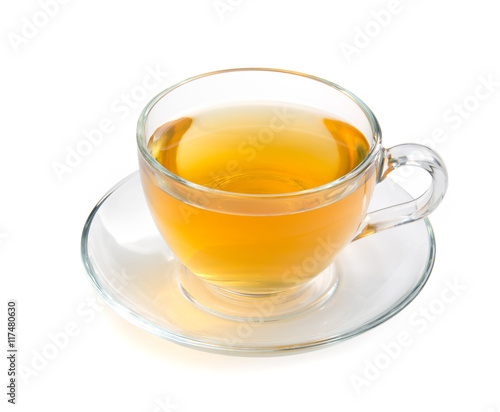 Glass cup of tea isolated on a white background with clipping path. Front view.