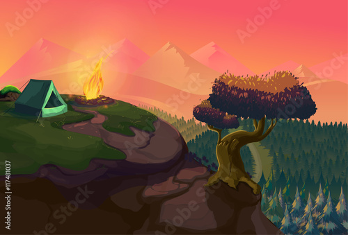 poster showing  campsite with  campfire. Vector design. night camp.
