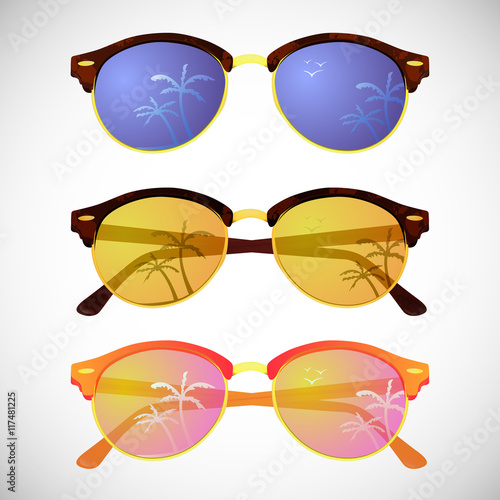 Trendy hipster sunglasses with colorful lens and frame reflect summer palms, vector illustration