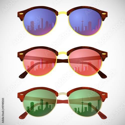Trendy hipster sunglasses with colorful lens and frame reflect city sky view in summerTrendy hipster sunglasses with colorful lens and frame reflect city sky view in summer. vector illustration