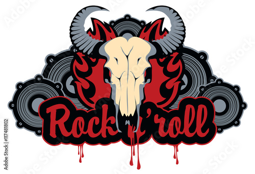 emblem with bull skull with horns and loudspeakers with the words rock and roll