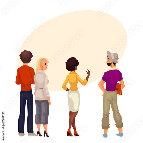 People stand with his back to audience and are looking forward to something, cartoon vector. group of people standing with his back to us and look carefully where could be your sign and advertising
