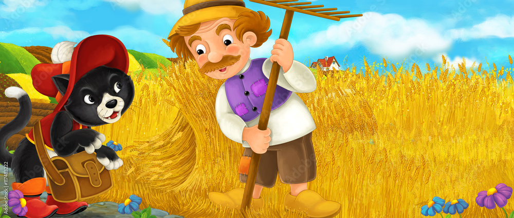 Fototapeta premium Cartoon rural scene with royal pair visiting farmers - illustration for children