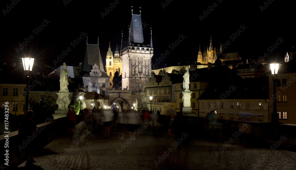 Night Prague gothic Castle from Charles Bridge, Czech Republic