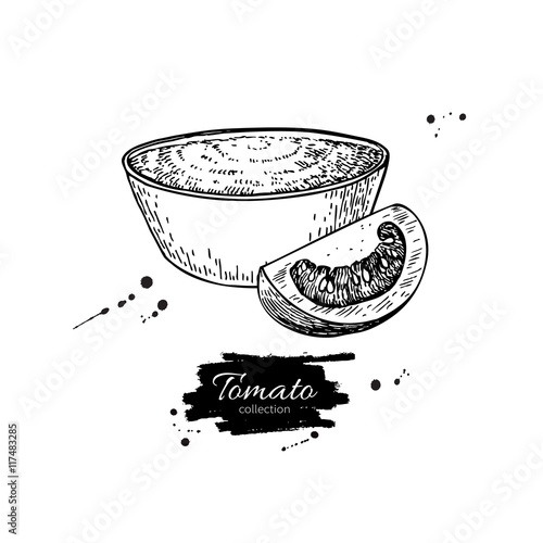 Tomato sauce Drawing. Vector isolated illustration with bowl ful