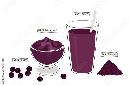 super food variety: acai berry, acai bowl, acai juice and acai powder photo