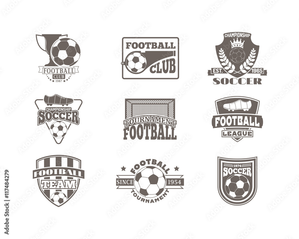 Set of european football, soccer labels, emblems and design championship elements. Vector set of soccer logo football tournament icon symbol. Soccer logo team emblem badge sport competition.
