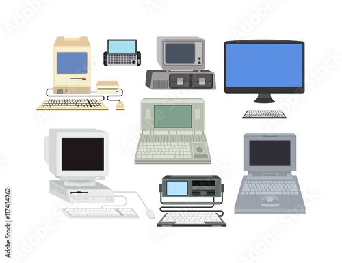 Old omputer technology vector isolated. Telecommunication equipment old vintage pc monitor frame computer modern office network. Old computer device electronic equipment space.