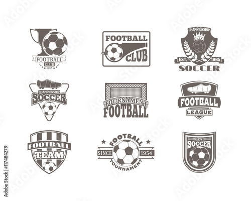 Set of european football, soccer labels, emblems and design championship elements. Vector set of soccer logo football tournament icon symbol. Soccer logo team emblem badge sport competition.