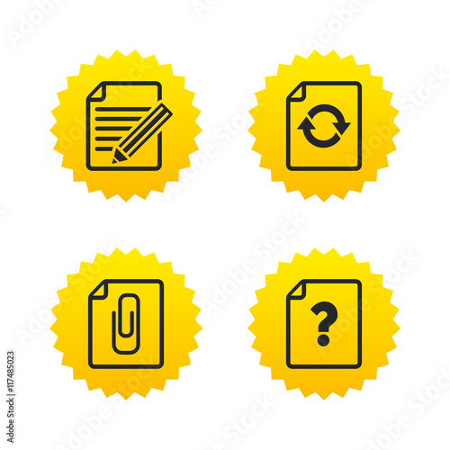 File edit icons. Question help signs.