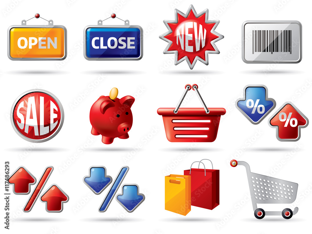 Shopping icons in red, blue, yellow and gray.