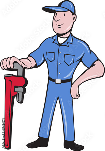 Plumber Standing Pipe Wrench Cartoon