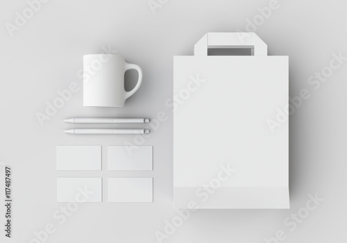 White stationery mock-up template for branding identity on gray background for graphic designers presentations and portfolios. 3D rendering.