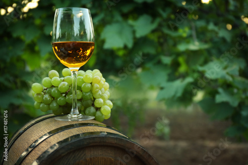 Fototapeta Naklejka Na Ścianę i Meble -  Wine in glass with grapes on barrel in vineyard