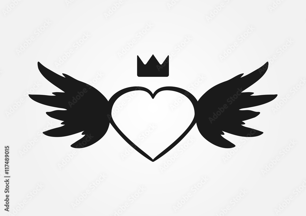 Fototapeta premium Sketch heart, wings, crown. Abstract silhouette.