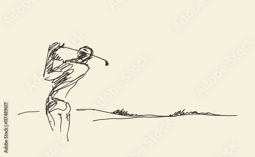 Sketch man hitting golf ball vector illustration. photo