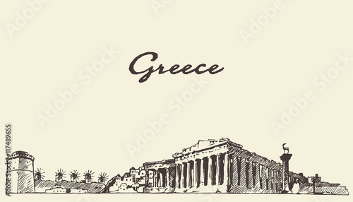 Greece skyline vintage illustration drawn sketch.