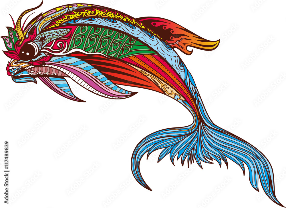 Obraz premium Happy dolphin with high details. Adult antistress coloring page. Black white hand drawn doodle oceanic animal for art therapy. Sketch for tattoo, poster, print, t-shirt in zentangle style