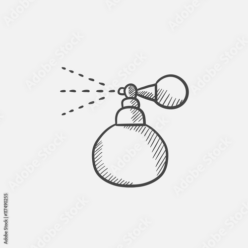 Perfume bottle spraying sketch icon.