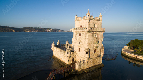 Tableau sur toile Belem Tower Lisbon at morning aerial view