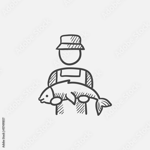 Fisherman with big fish sketch icon.