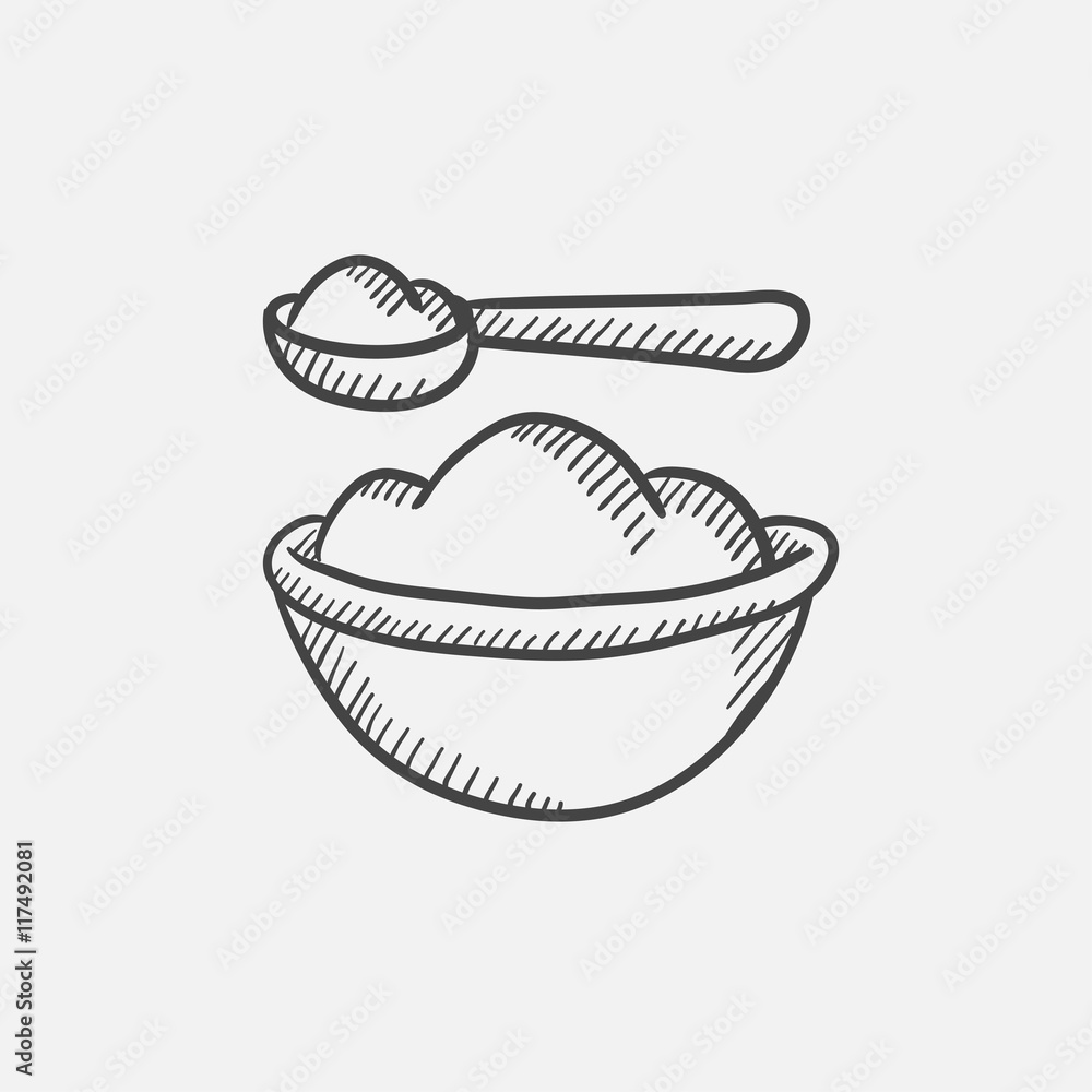 Baby spoon and bowl full of meal sketch icon. Baby spoon and bowl full of meal sketch icon.