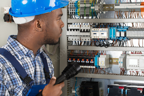 Technician Analyzing Fusebox With Flashlight