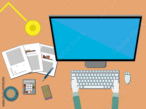 Flat lay Infographic - working space with Hand on  Desktop computer 