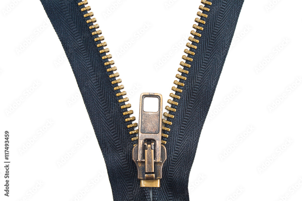 Open metal zip on white background - close up image. Open metal zip on white background - close up image.