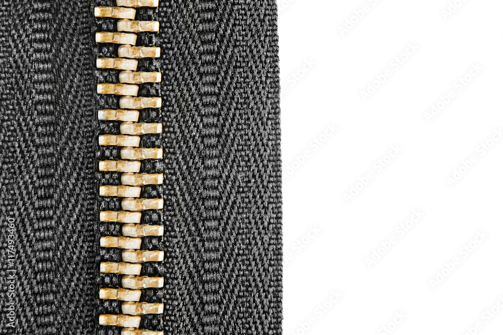 Black zip on white background - macro image. Black zip on white background - macro image.