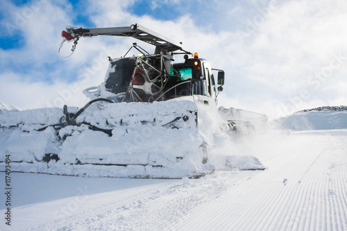 Snow grooming machine in ski resort Molltaler Glacier, Austria.