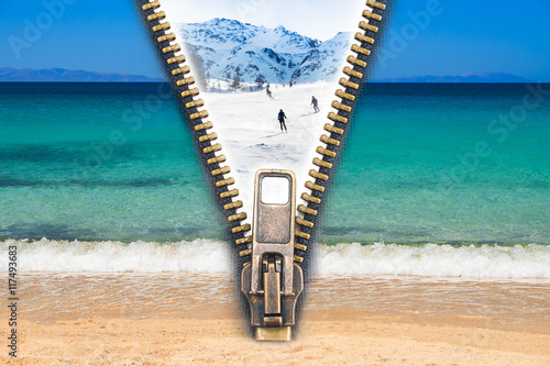 Time for change! - Abstract image of the change concept with summer beach view and winter ski resort split by an open zip.