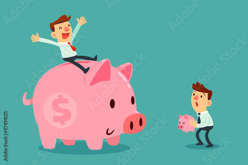happy businessman on his large piggy bank and another businessma