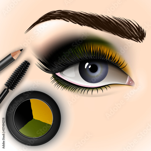 Beautiful eye with makeup accessories. Brush, eyeliner and eye shadow. Vector illustration