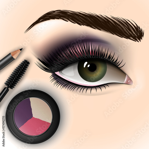 Beautiful eye with makeup accessories. Brush, eyeliner and eye shadow. Vector illustration