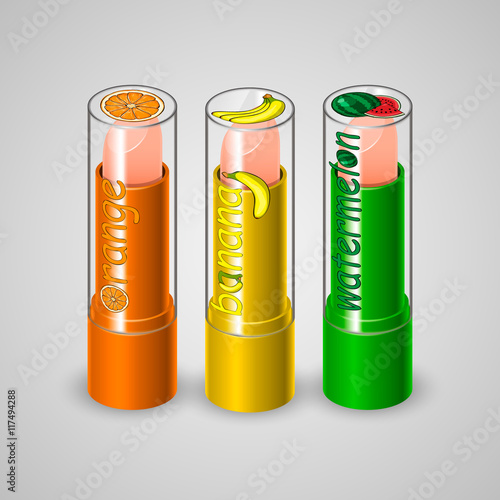 Set of colorful fruit lip balms. Realistic tube with balm and a transparent cap. Vector illustration