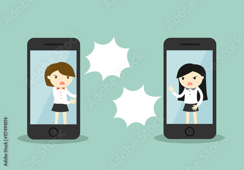 Business concept, Two business woman are arguing via smartphone. Vector illustration.