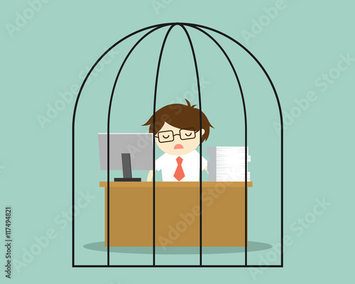 Business concept, Businessman feeling tired and bored while working in the prison. Vector illustration.