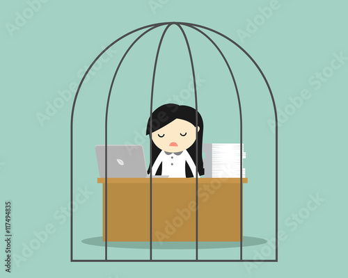 Business concept, Business woman feeling tired and bored while working in the prison. Vector illustration.