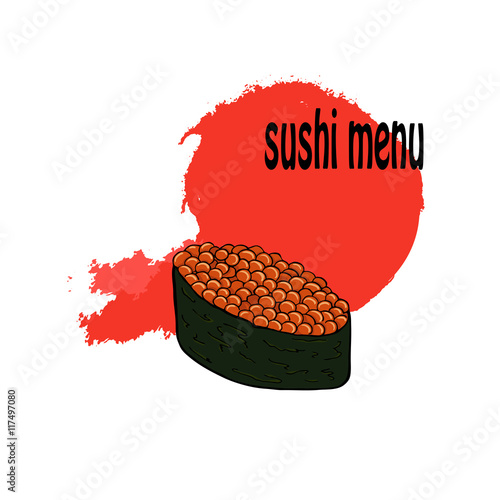 Nigiri sushi. Red spot on white background. Hand drawn vector illustration.