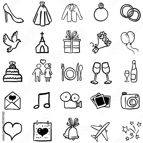 Vector Set of Black Doodle Weddings Icons