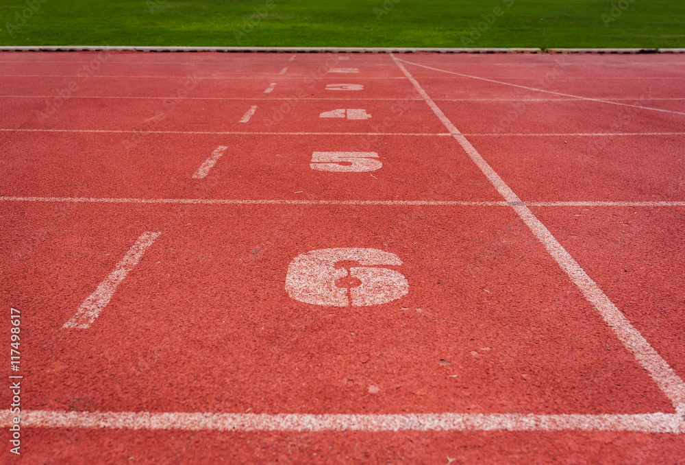 Fototapeta premium Red running track in stadium