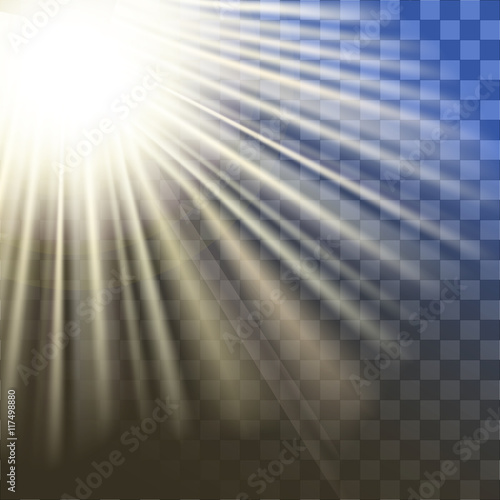shiny sun vector, sunbeams, sunrays, Vector modern sun set on sample background. sunshine design. Yellow warm light effect, sun rays, beams on transparent background.