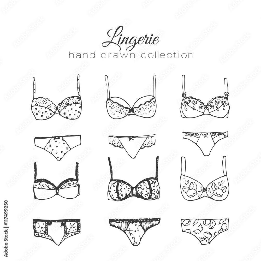 Vecteur Stock Vector lingerie set. Sexy underwear design. Outline hand  drawn illustration. Bras and panties doodle. | Adobe Stock
