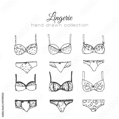 Vector lingerie set. Sexy underwear design. Outline hand drawn illustration. Bras and panties doodle.