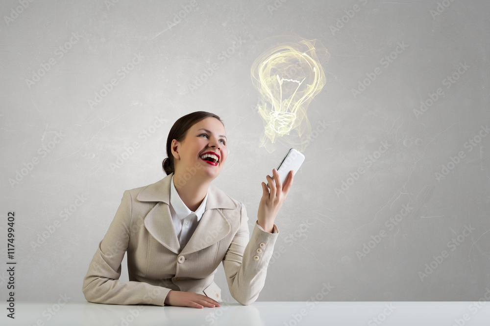 Attractive businesswoman having mobile conversation . Mixed media Attractive businesswoman having mobile conversation . Mixed media