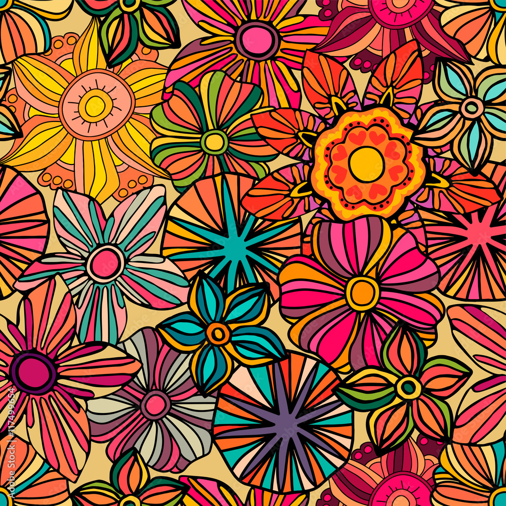 Seamless pattern with beautiful colorful flowers, vector illustration 