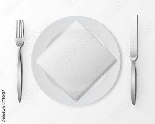 Vector White Empty Flat Round Plate with Silver Fork and Knife and White Folded Square Napkin Top View Isolated on White Background. Table Setting