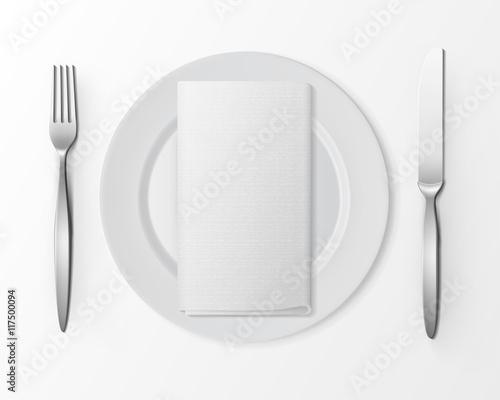 Vector White Empty Flat Round Plate with Silver Fork and Knife and White Folded Rectangular Napkin Top View Isolated on White Background. Table Setting