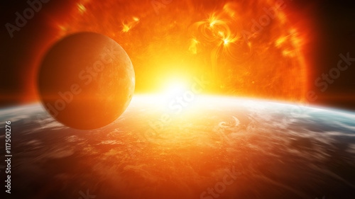 Fototapeta Naklejka Na Ścianę i Meble -  Exploding sun in space close to planet